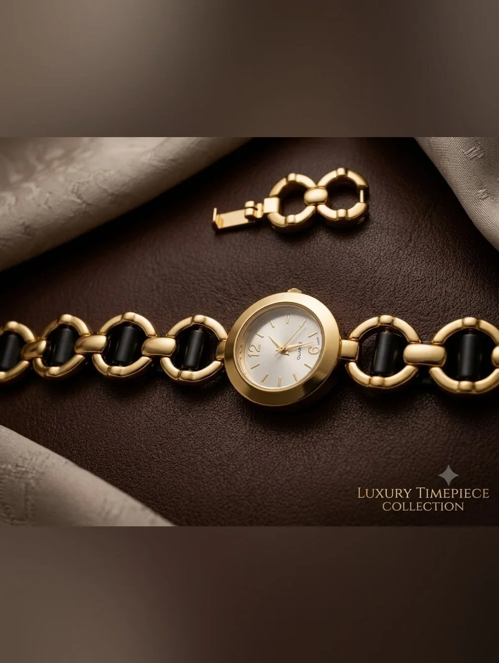 Gold-Tone Link Bracelet Watch in Gold and Black With Extensions